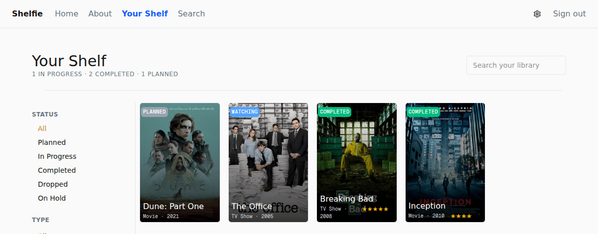Shelfie library view showing movies and TV shows with statuses, ratings, and tags